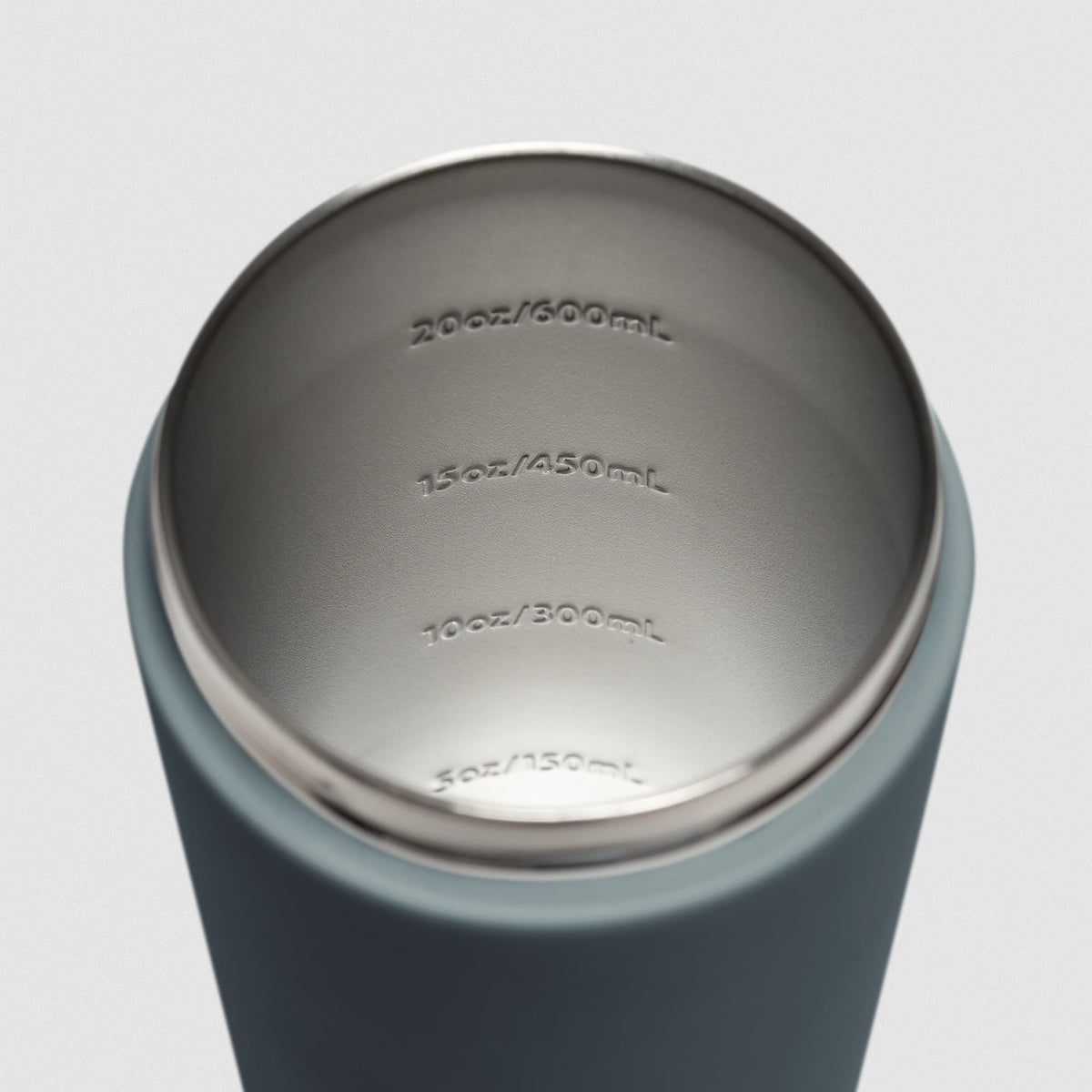Lake blue Stainless Steel Shaker on white background showcasing inside of shaker and measurement lines