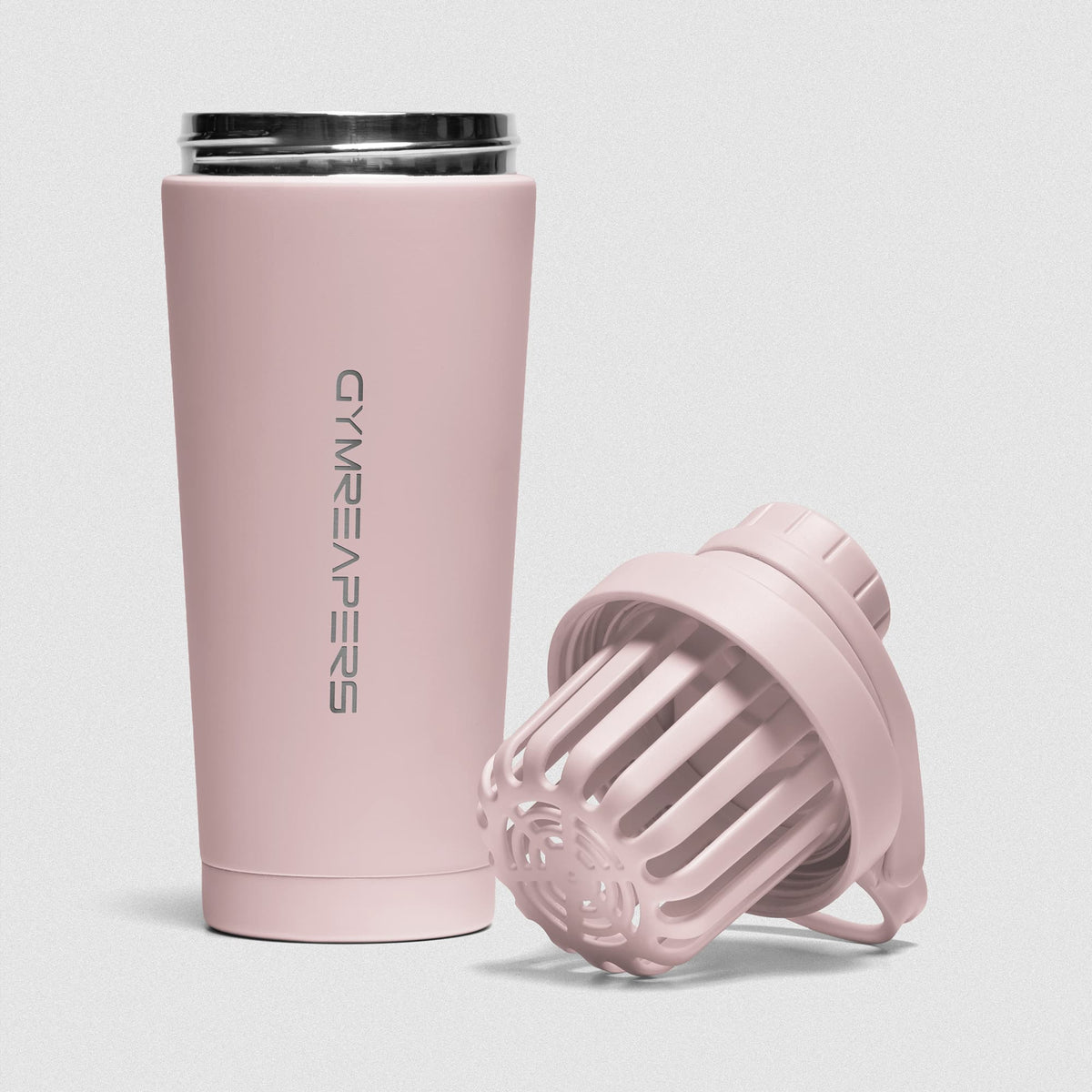 Light Pink Stainless Steel Shaker on white background showcasing shaker unit and removable lid and basket