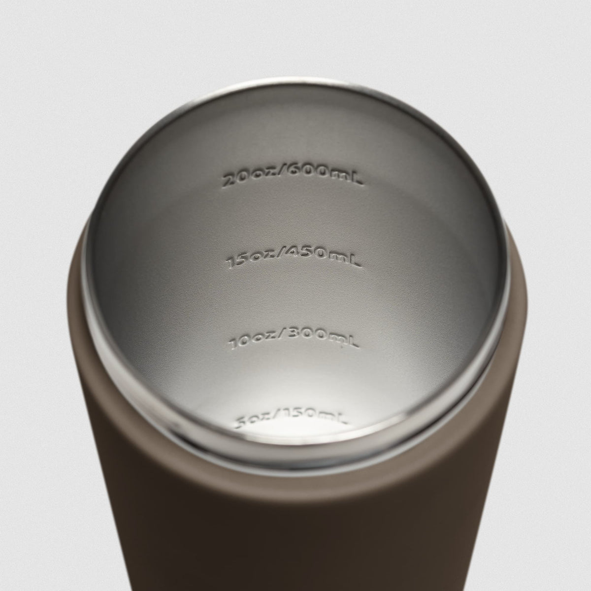 Toffee brown Stainless Steel Shaker on white background showcasing inside of shaker and measurement lines