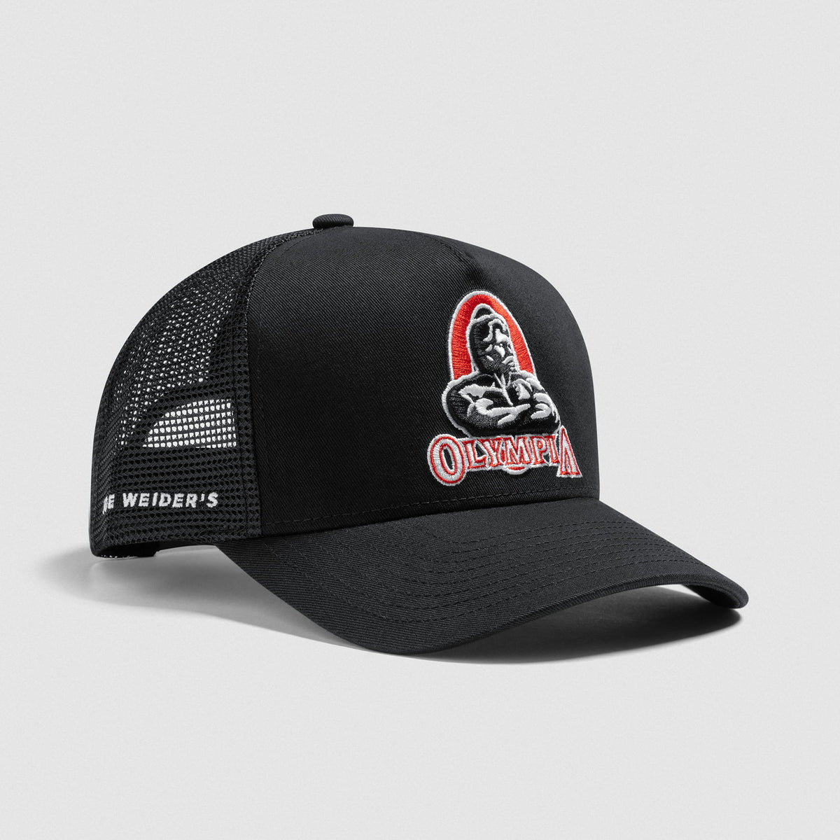 Front angled view of the Signature 5-Panel Trucker that shows the Classic Olympia bodybuilding logo on the front and the mesh back