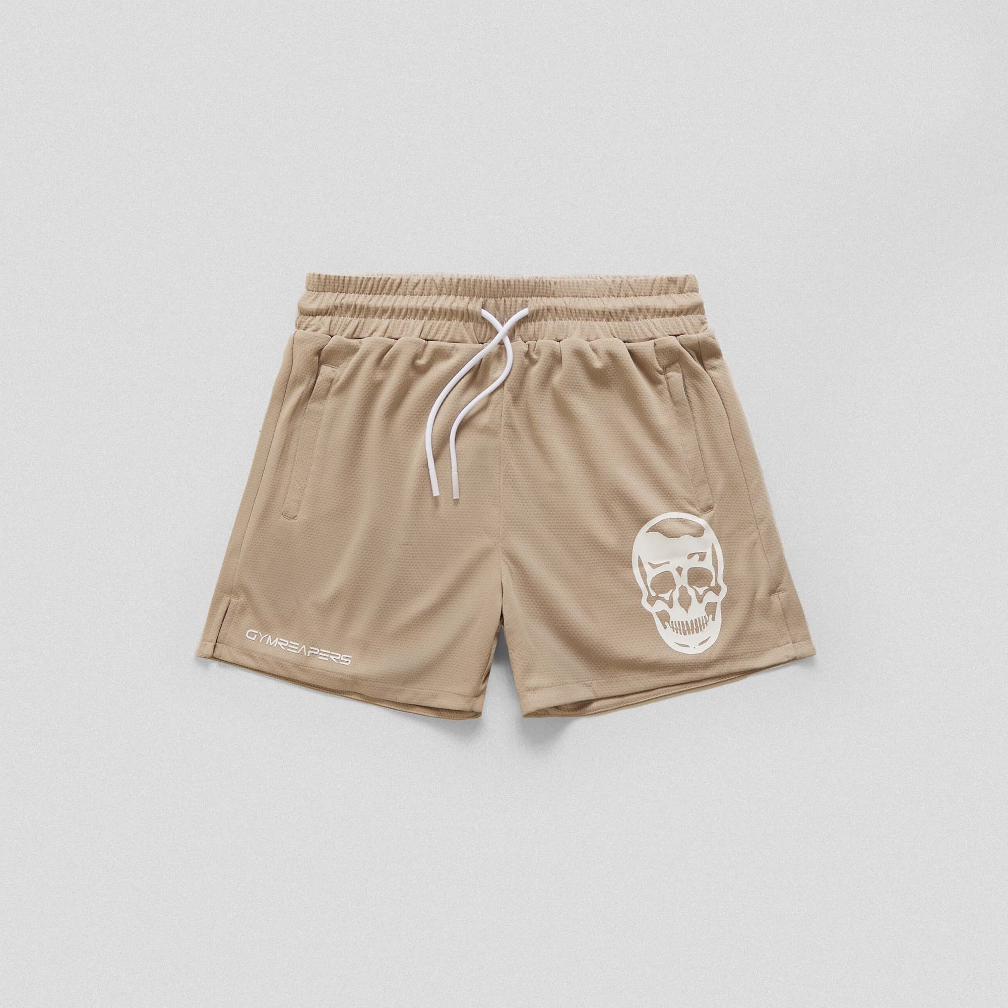 khaki mesh shorts front view