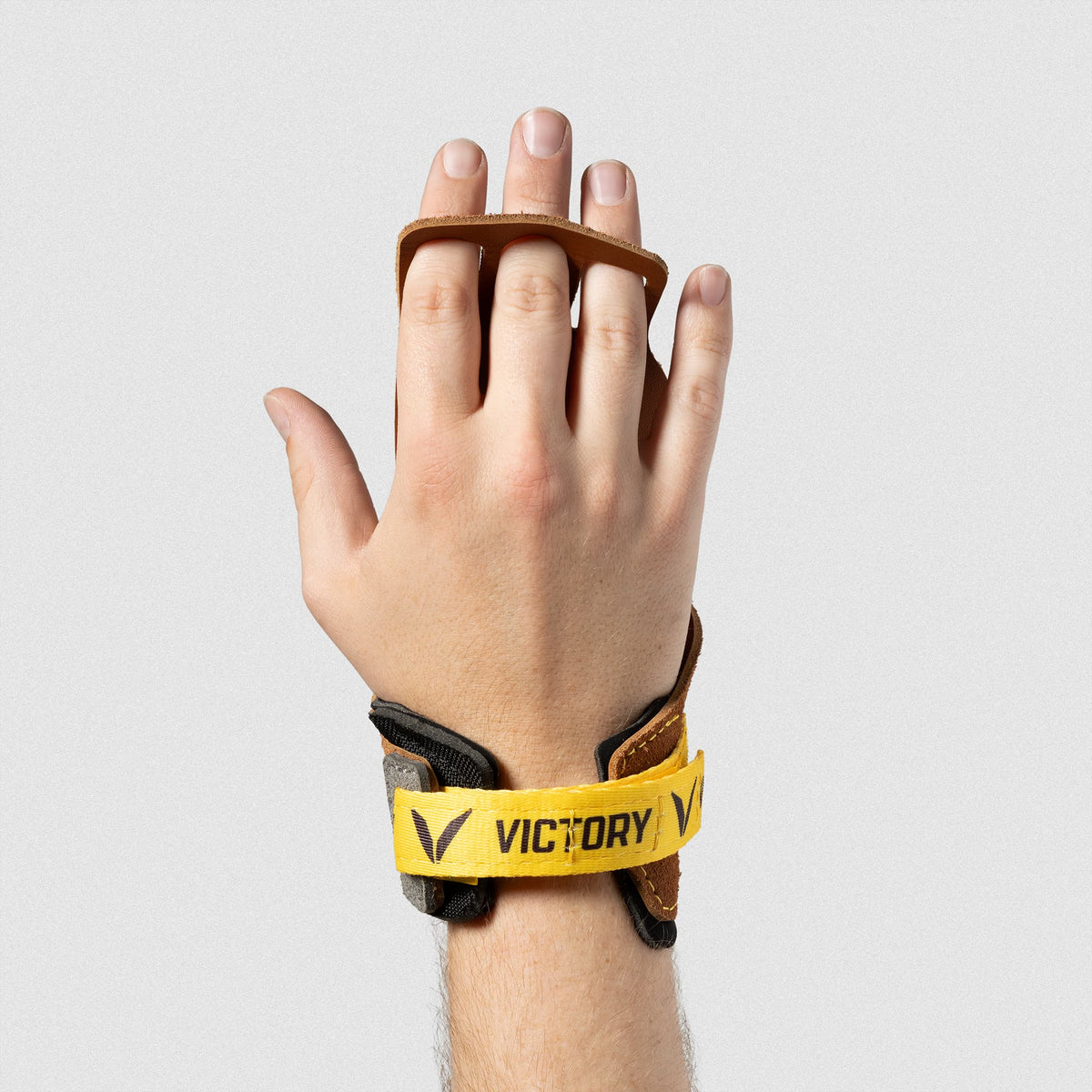 Men's V-Series 3-FC Leather in Tan – Hand extended and palm facing away to show the wrist support and three finger design