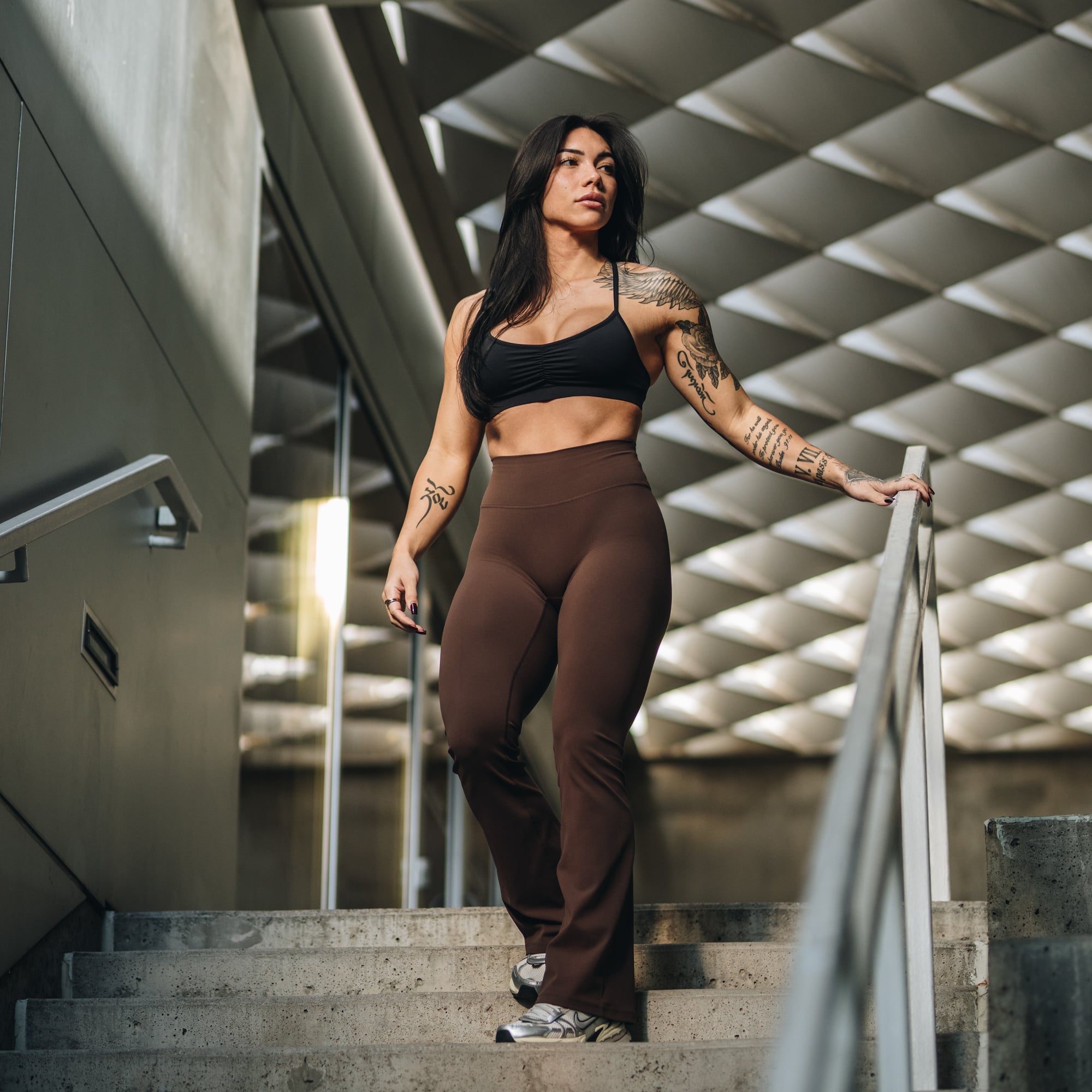flare leggings brown full body zoomed