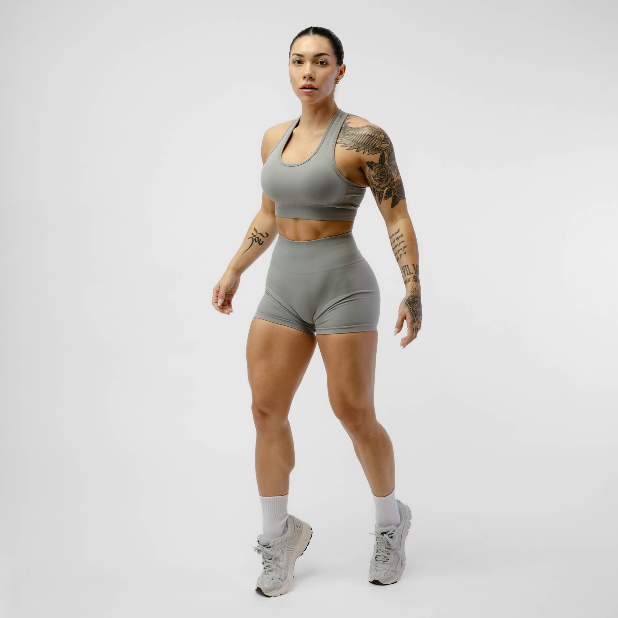 Athlete wearing the Overcast Halo Shorts full body shot