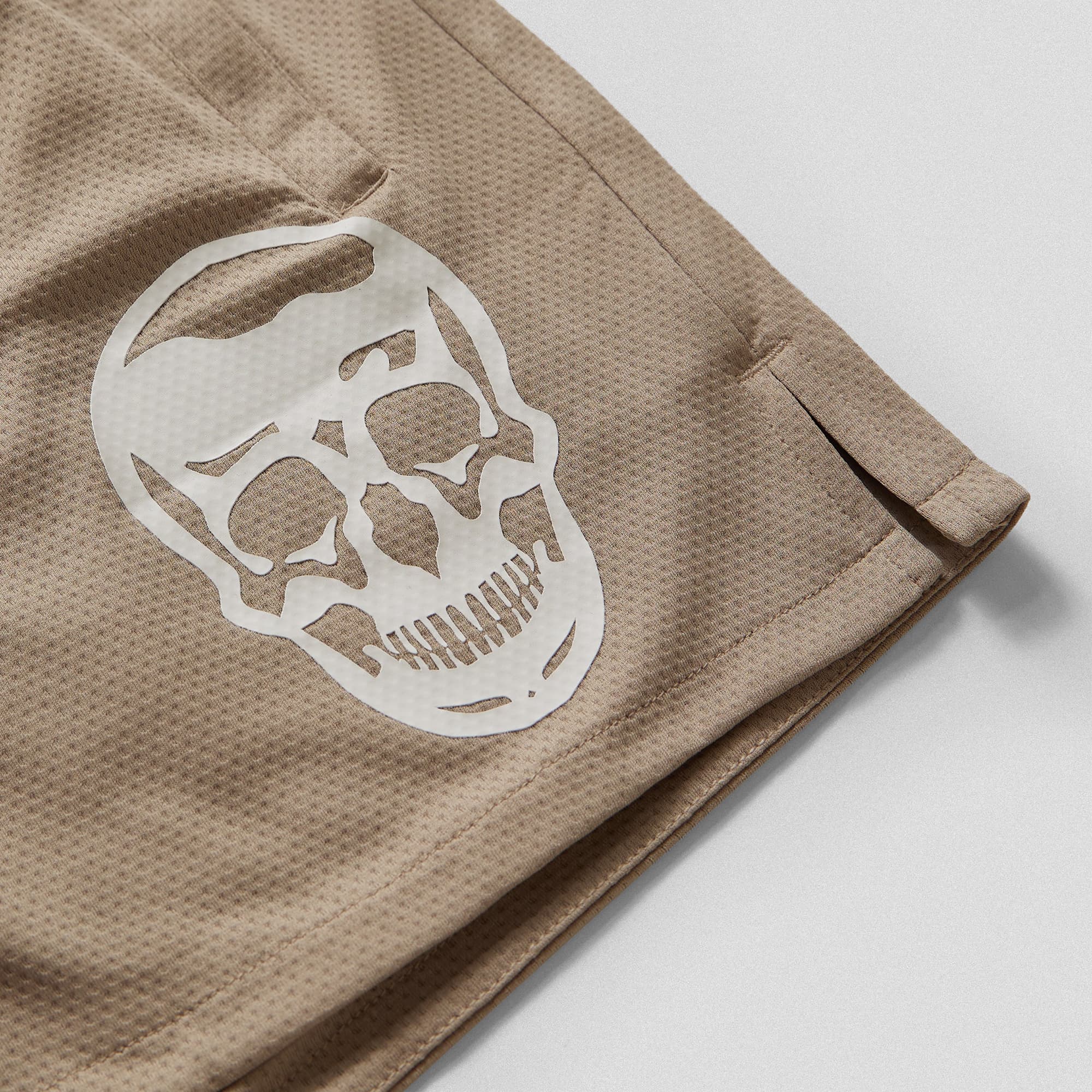 khaki mesh shorts close up detail shot