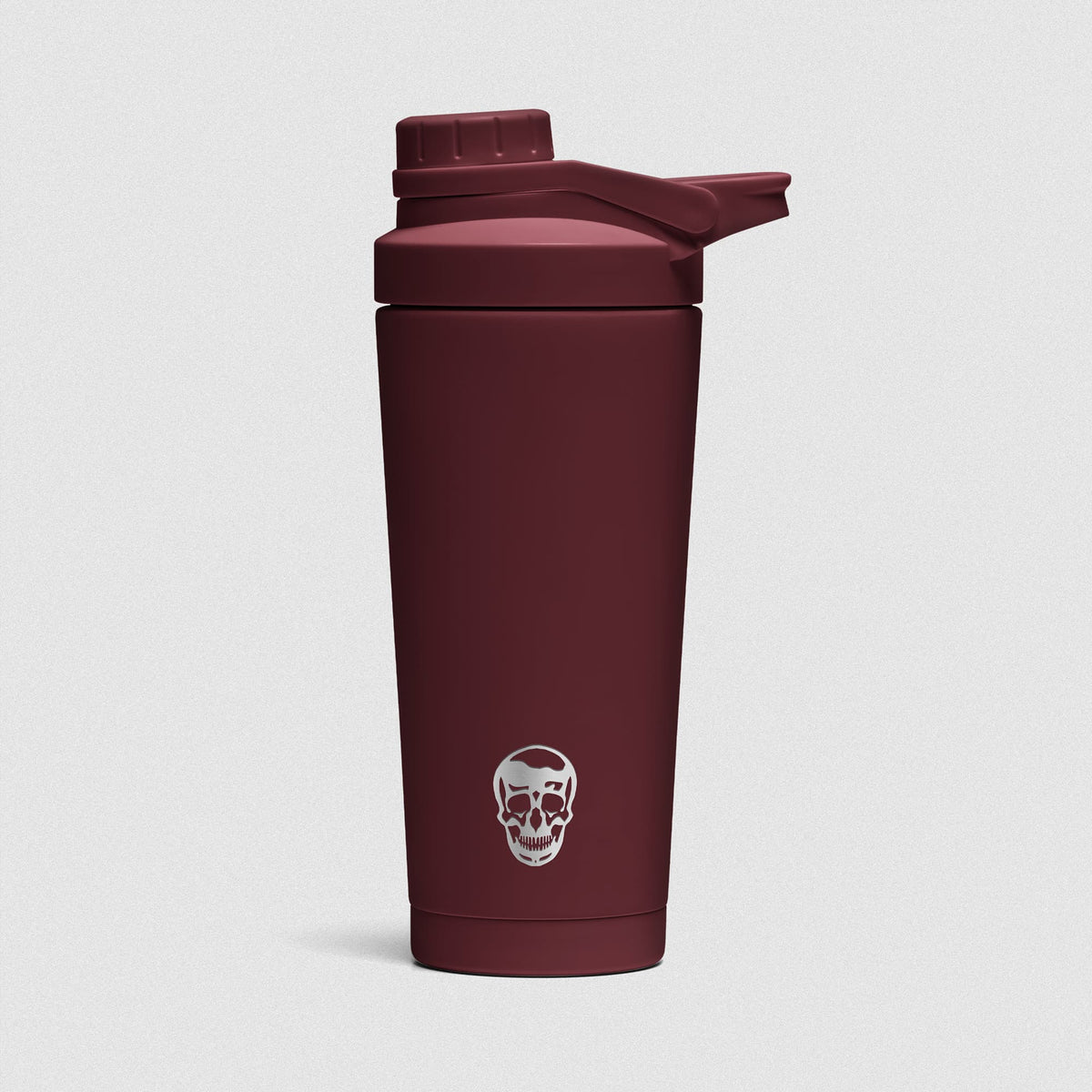Burgundy Red Stainless Steel Shaker on white background showcasing Gymreapers engraved skull logo