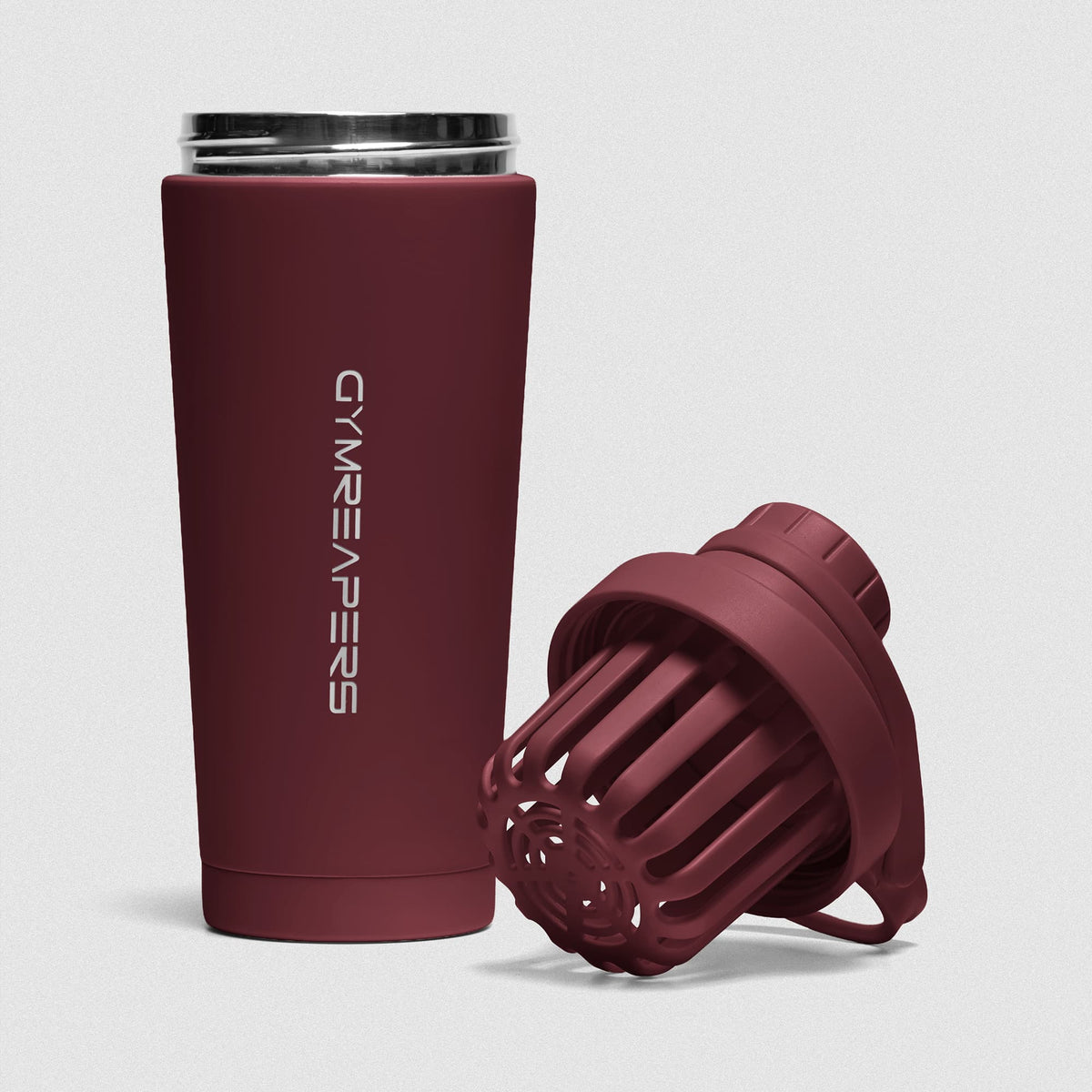 Burgundy red Stainless Steel Shaker on white background showcasing shaker unit and removable lid and basket