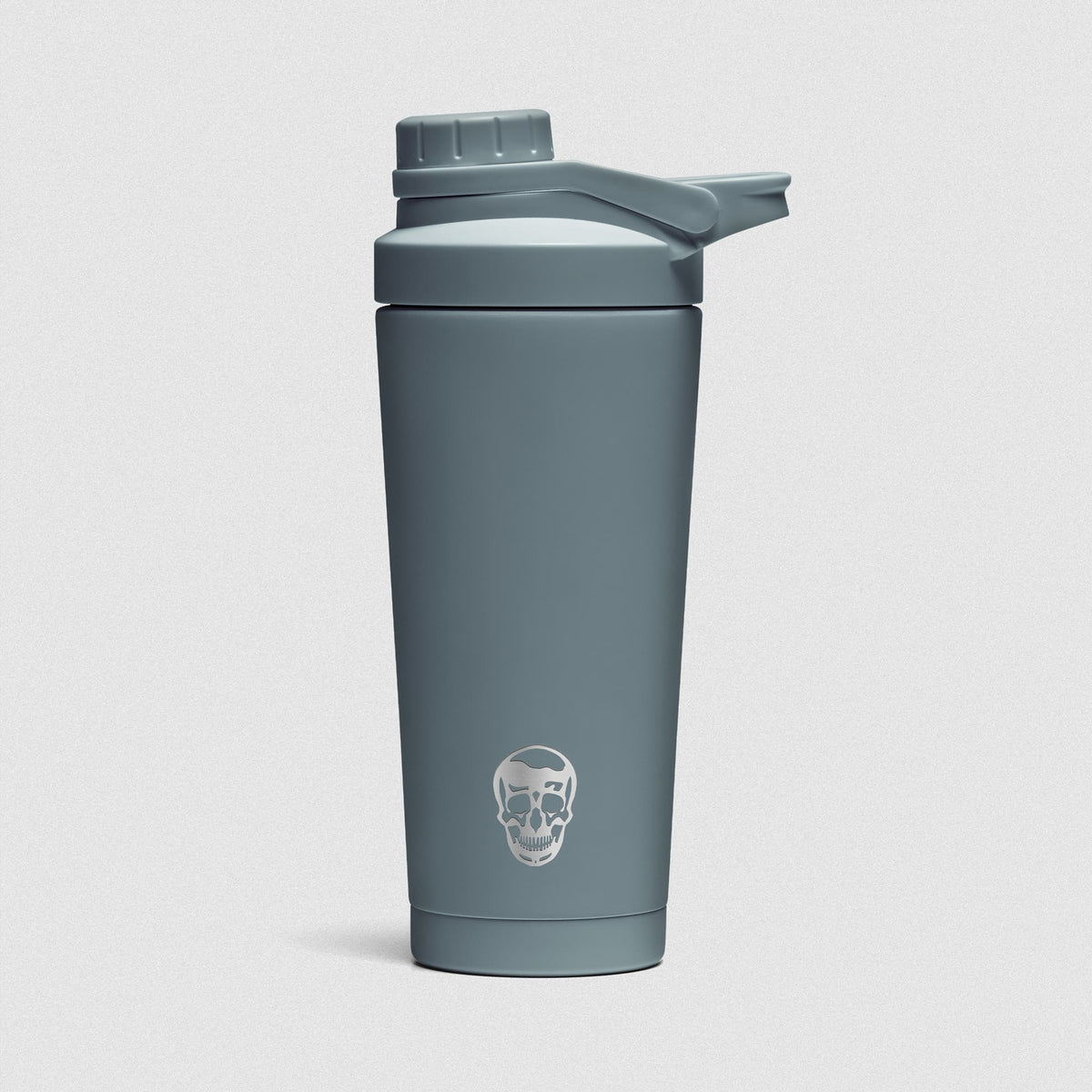 Lake Blue Stainless Steel Shaker on white background showcasing Gymreapers engraved skull logo