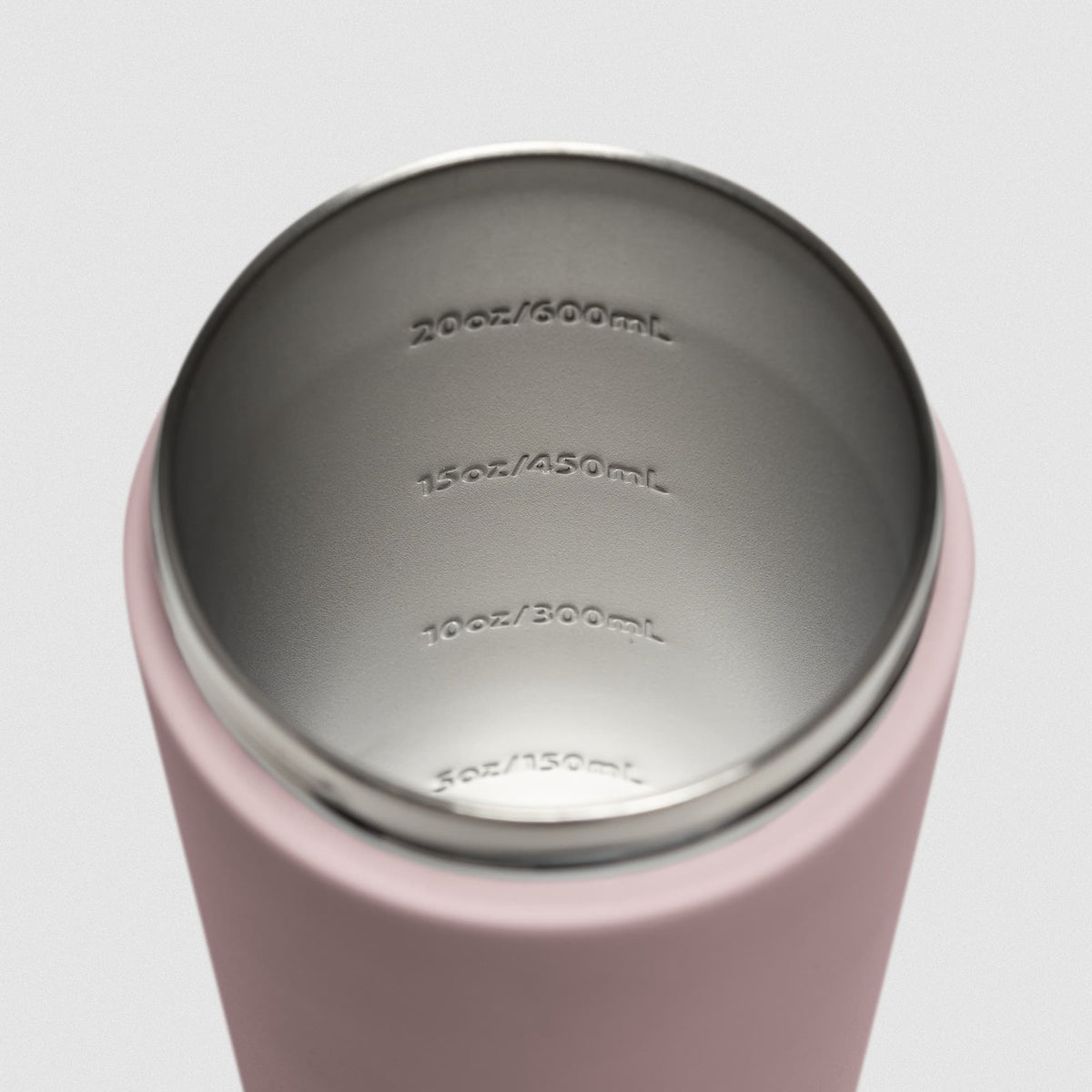 Light pink Stainless Steel Shaker on white background showcasing inside of shaker and measurement lines