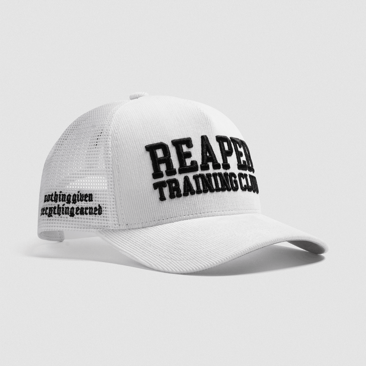 5-Panel Corduroy Reaper Training Club Hat in White/Black – 3/4 Angle, Ghost Shot