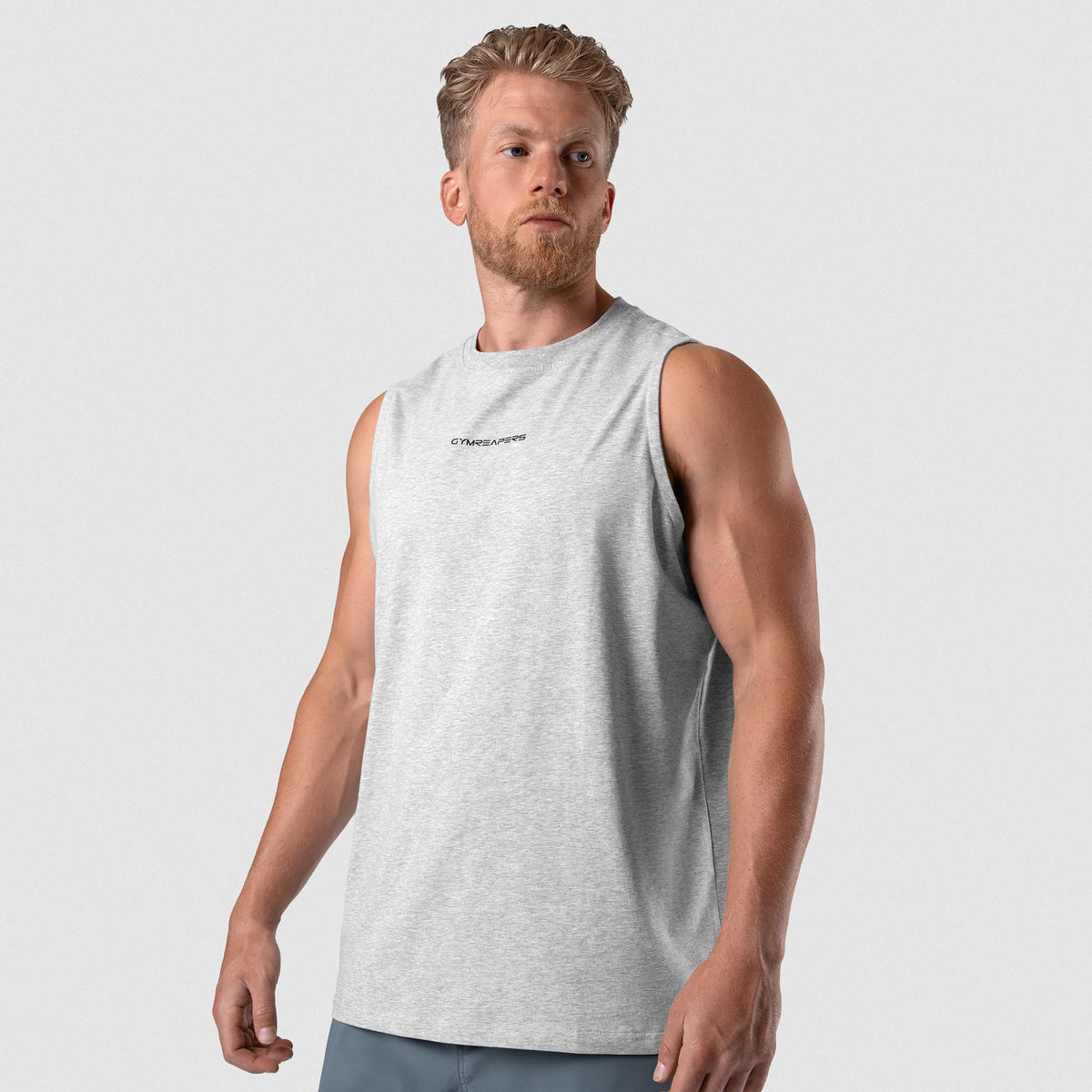 Man wearing Axis Muscle Tank - Heather Gray front fit