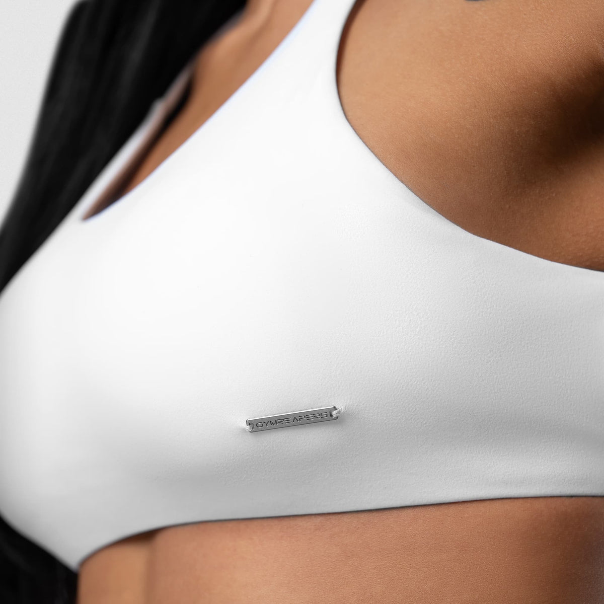 Axis Open Back Bra - White Gymreapers logo detail