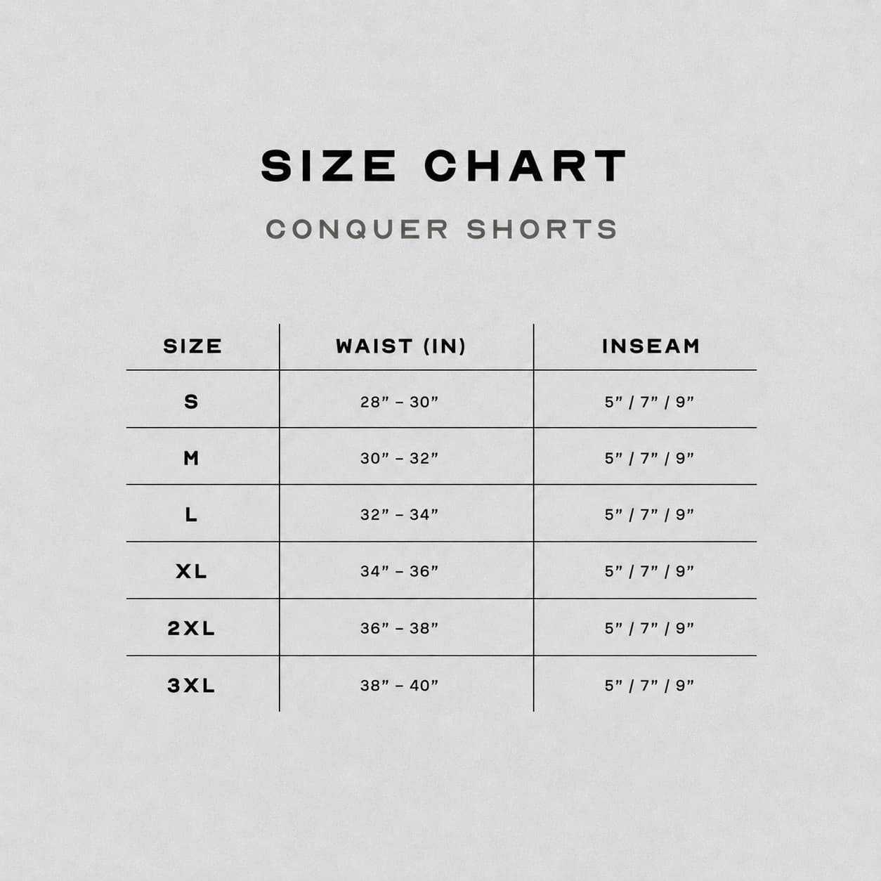 Men's Conquer Shorts size chart
