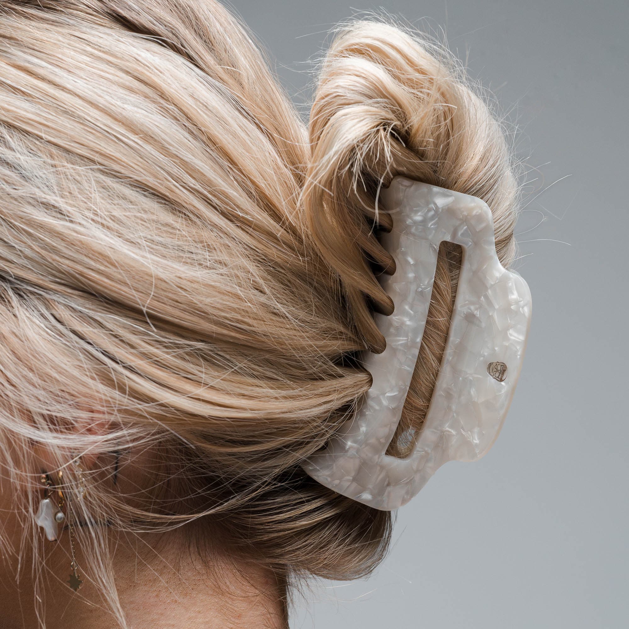 model wearing Large Claw Clip - Ivory straight blonde hair