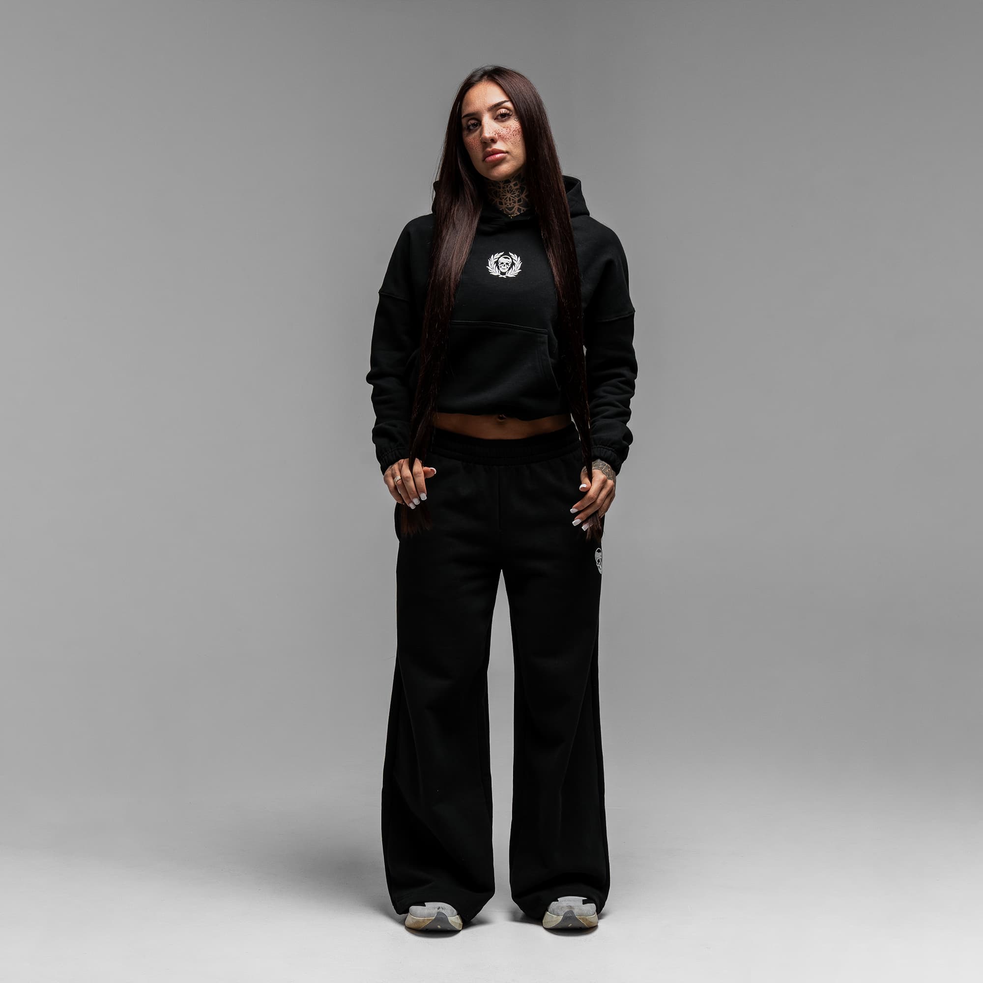 Athlete wearing Loyalty Club Cropped Hoodie full body shot front view