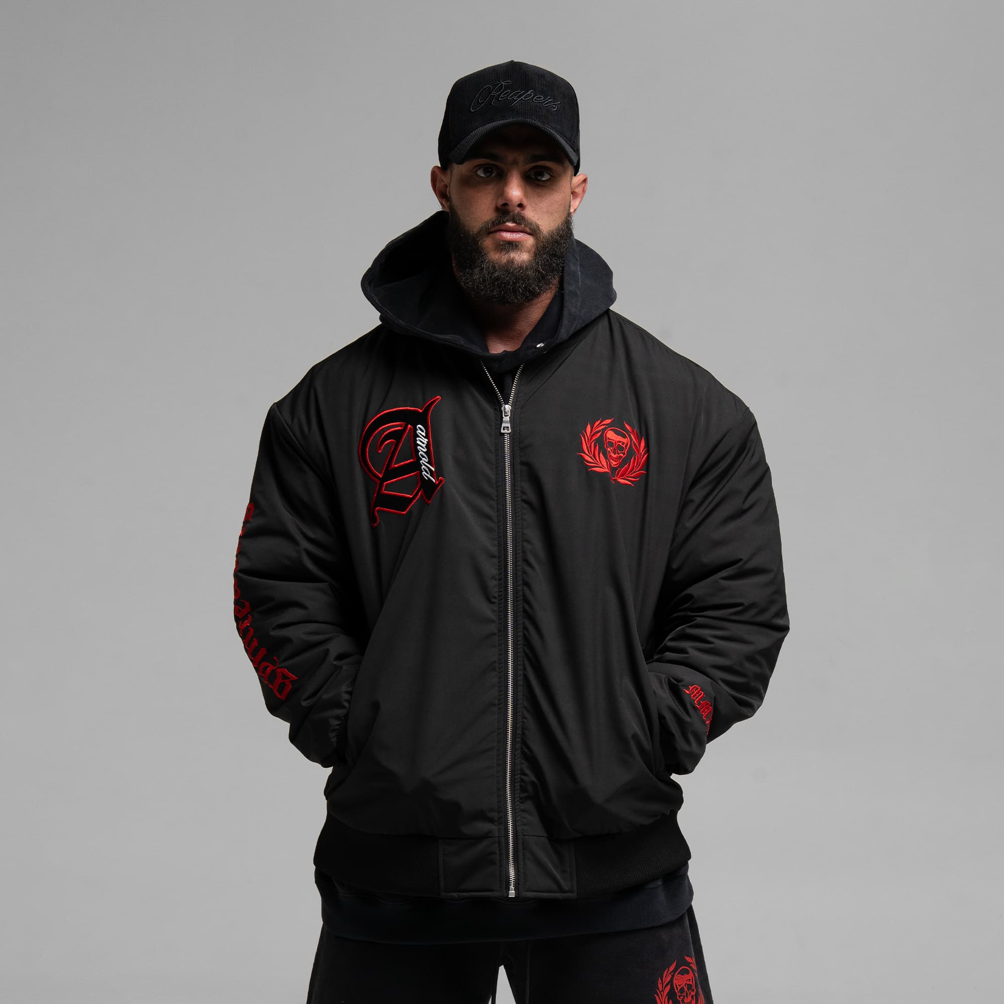 Athlete wearing the Ohio Bomber Jacket half body shot front view