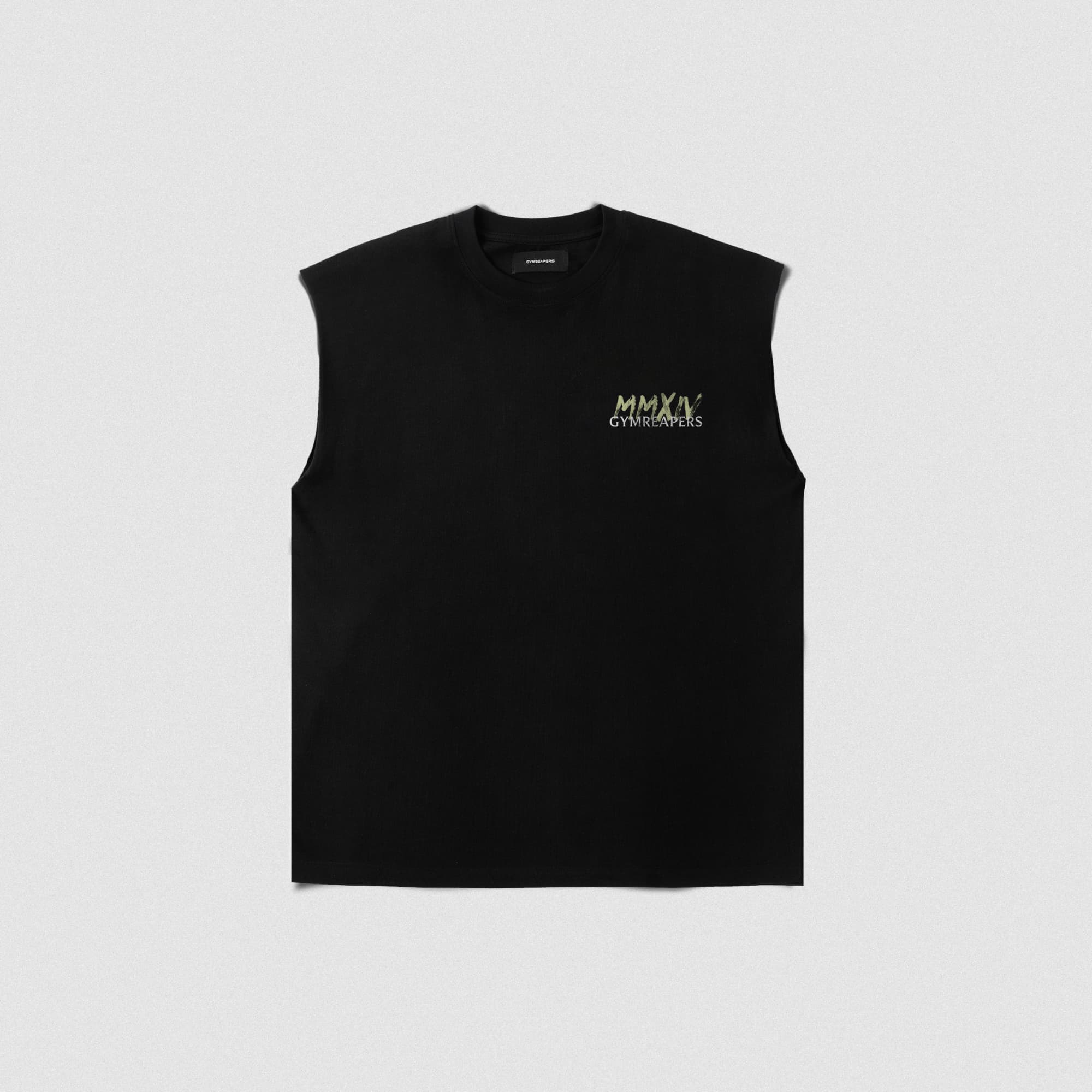 Front view of Manifesto Cut Off showing clean chest logo and raw-edge sleeves.