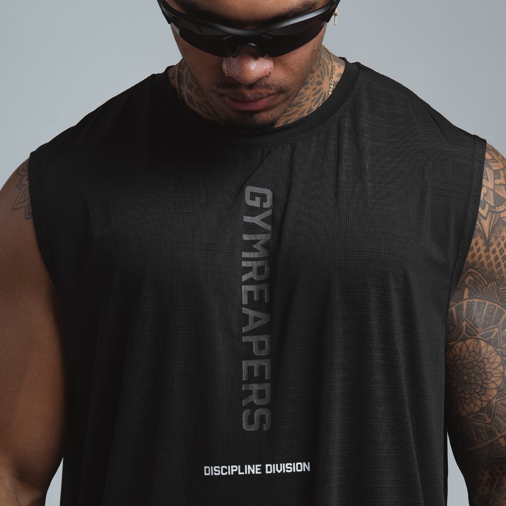 discipline division graphic tank front close up shot