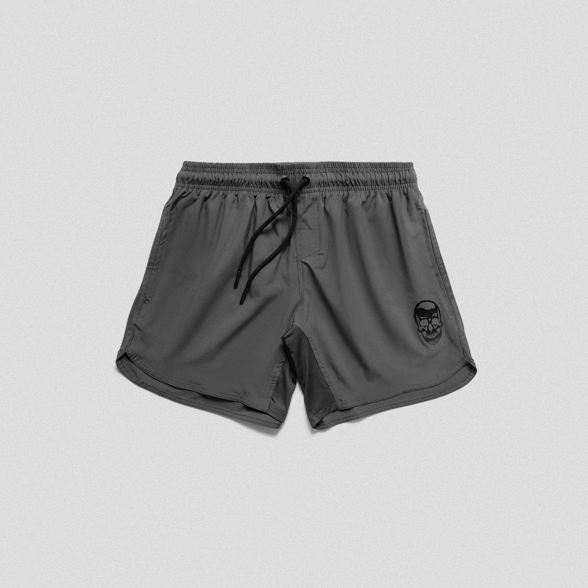 gray training shorts flat lay