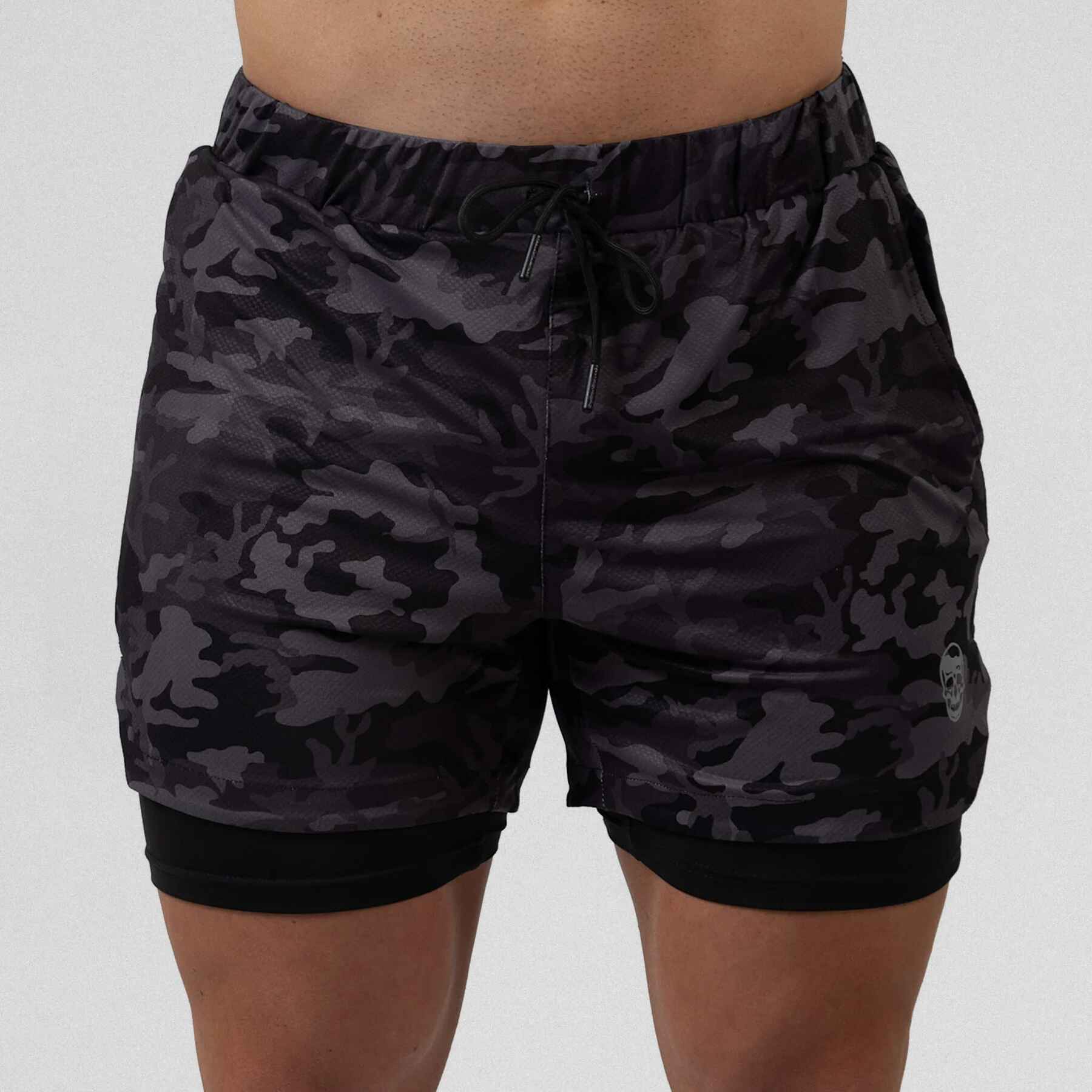 Gymreapers react training shorts midnight camo color way on athlete showcasing the front.