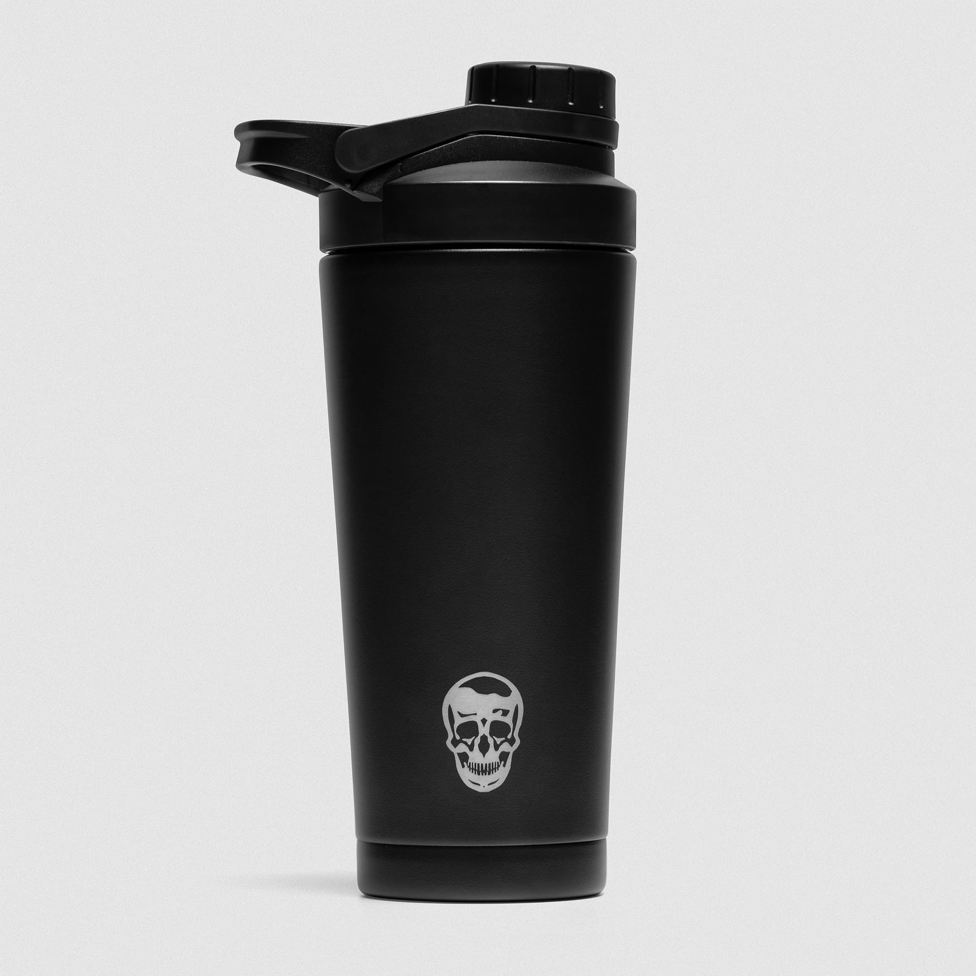 Black Stainless Steel Shaker studio shot showcasing skull engraved logo