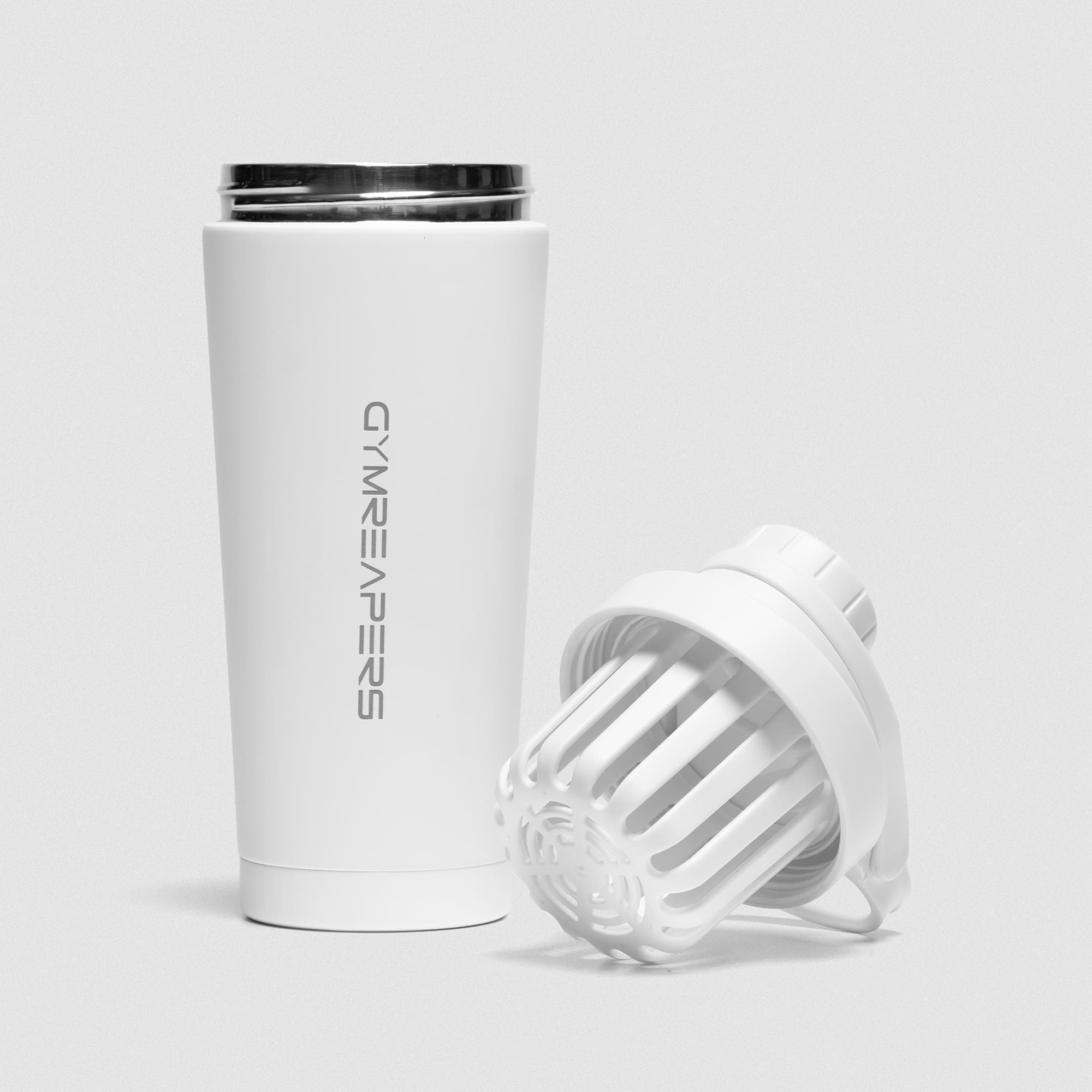 White Stainless Steel Shaker studio shot showcasing bottle and mixer basket