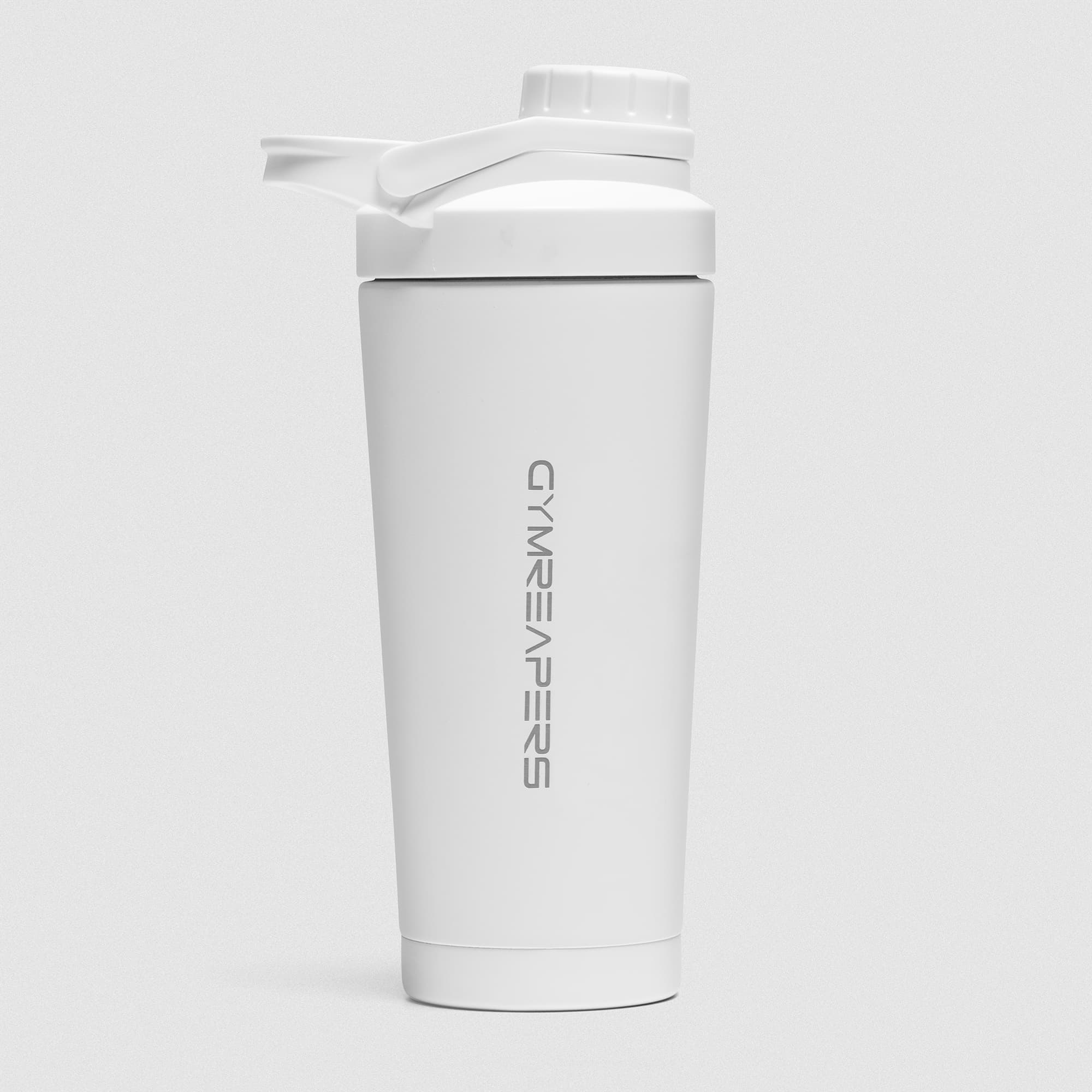 White Stainless Steel Shaker studio shot showcasing Gymreapers engraved logo