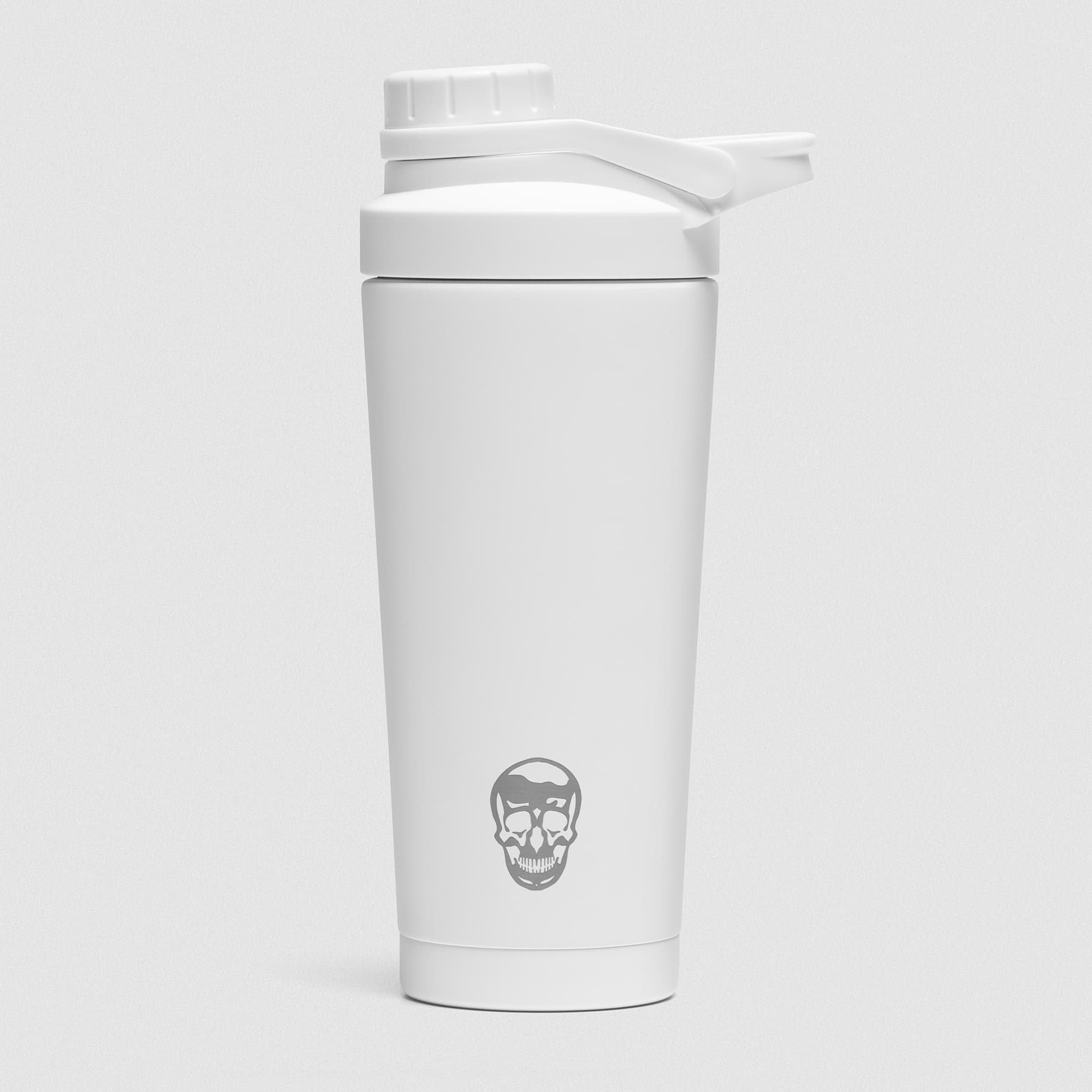 White Stainless Steel Shaker studio shot showcasing skull engraved logo