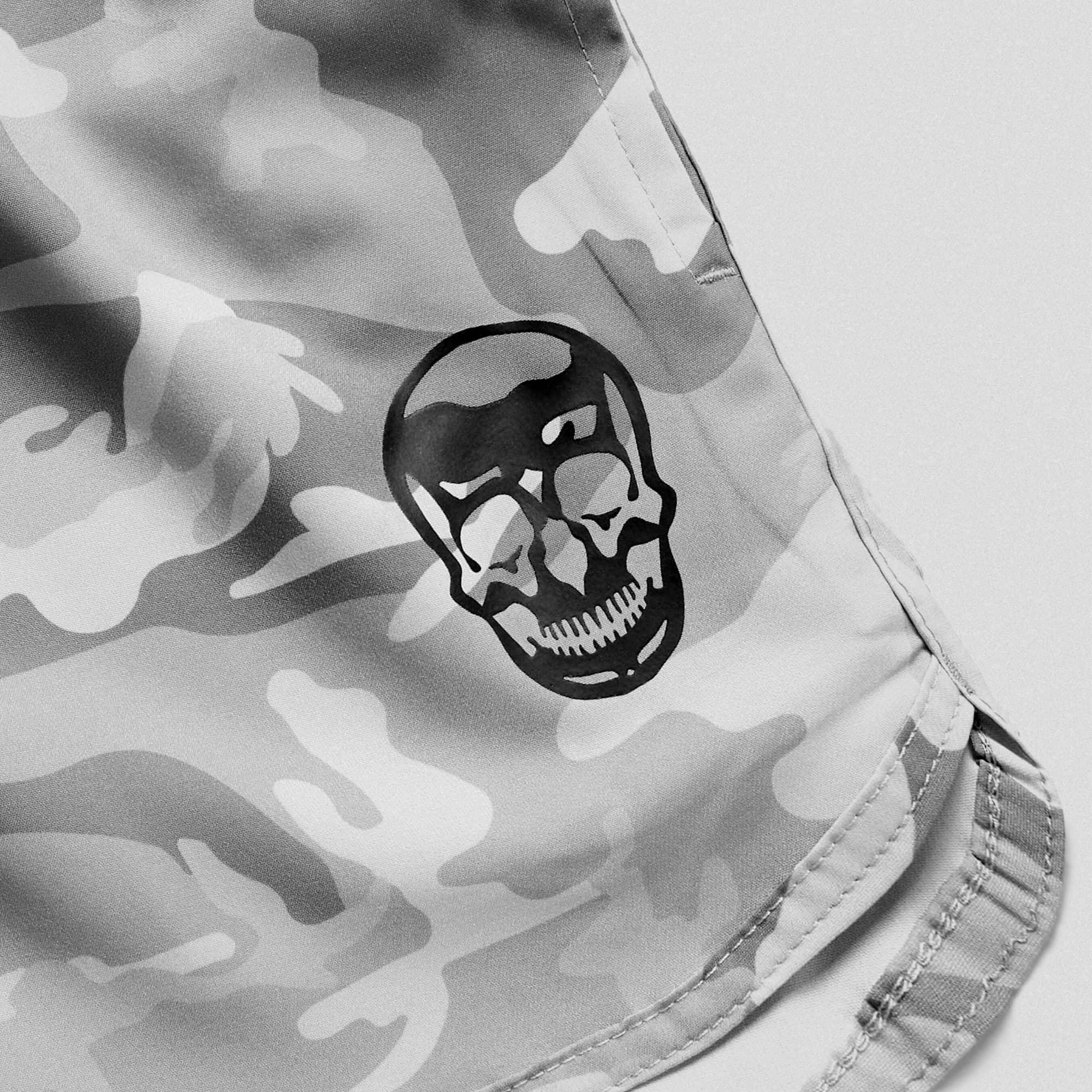 white camo training shorts close up shot of logo