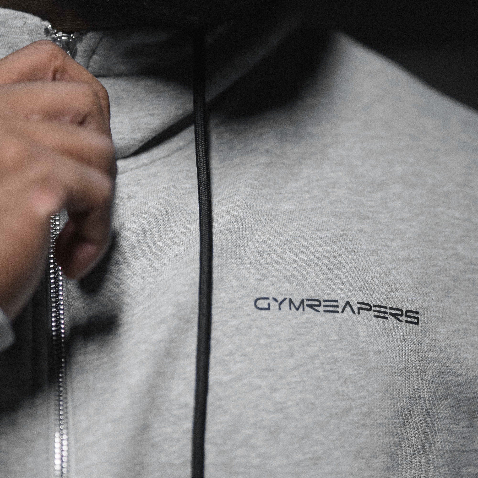 ascend zip up hoodie heather gray front logo detail shot.