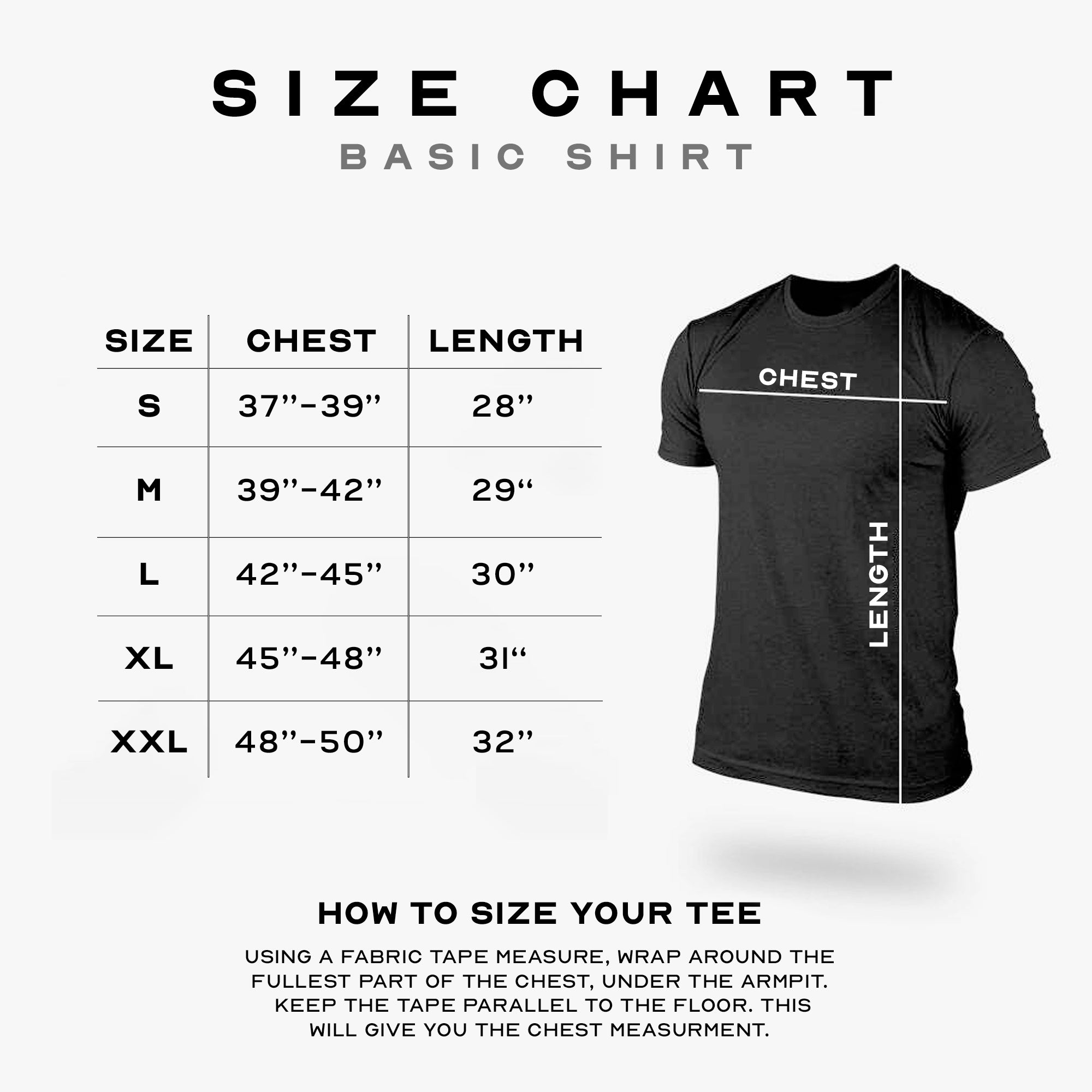 bsaic shirt size guide with measurements