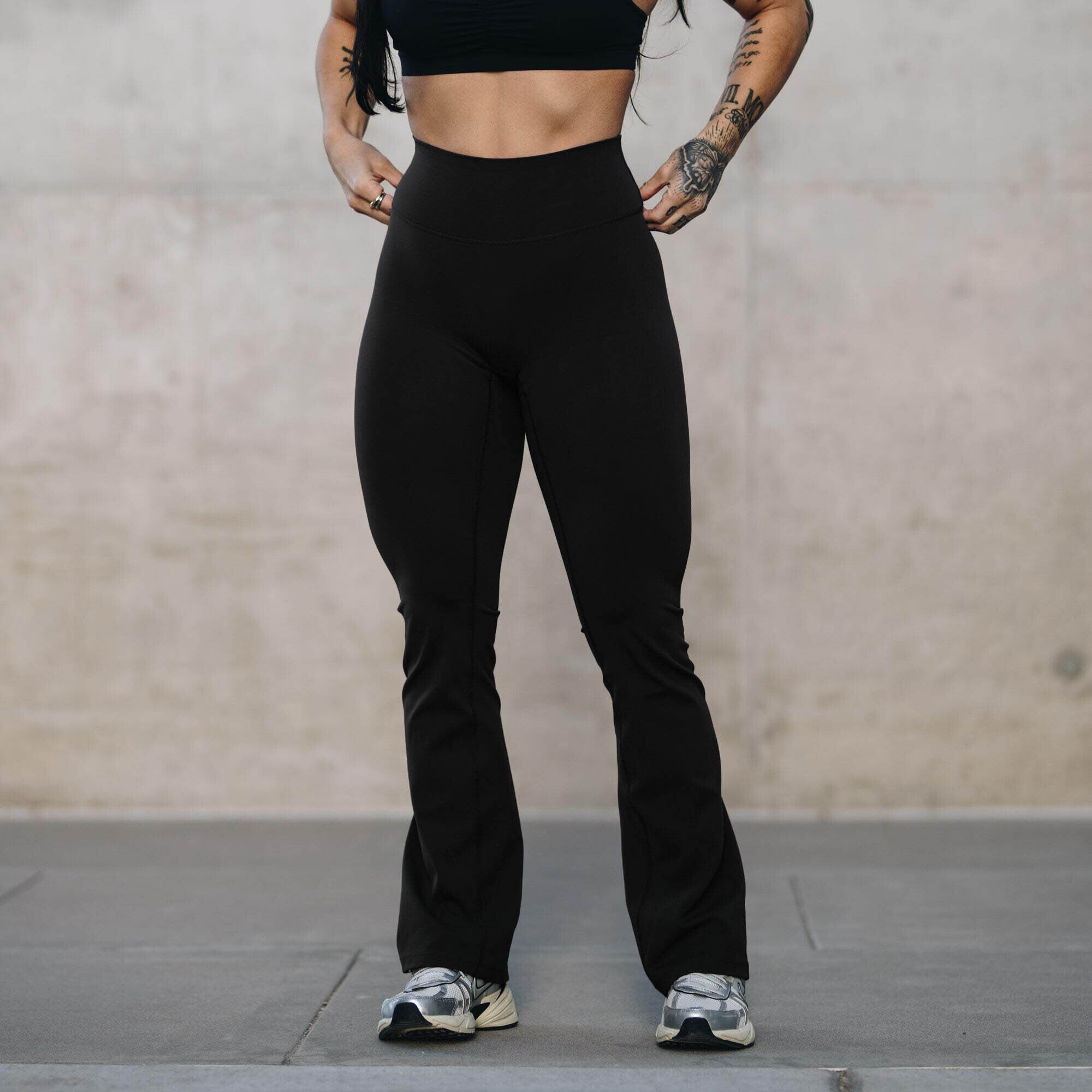 flare leggings black half crop front lifestyle