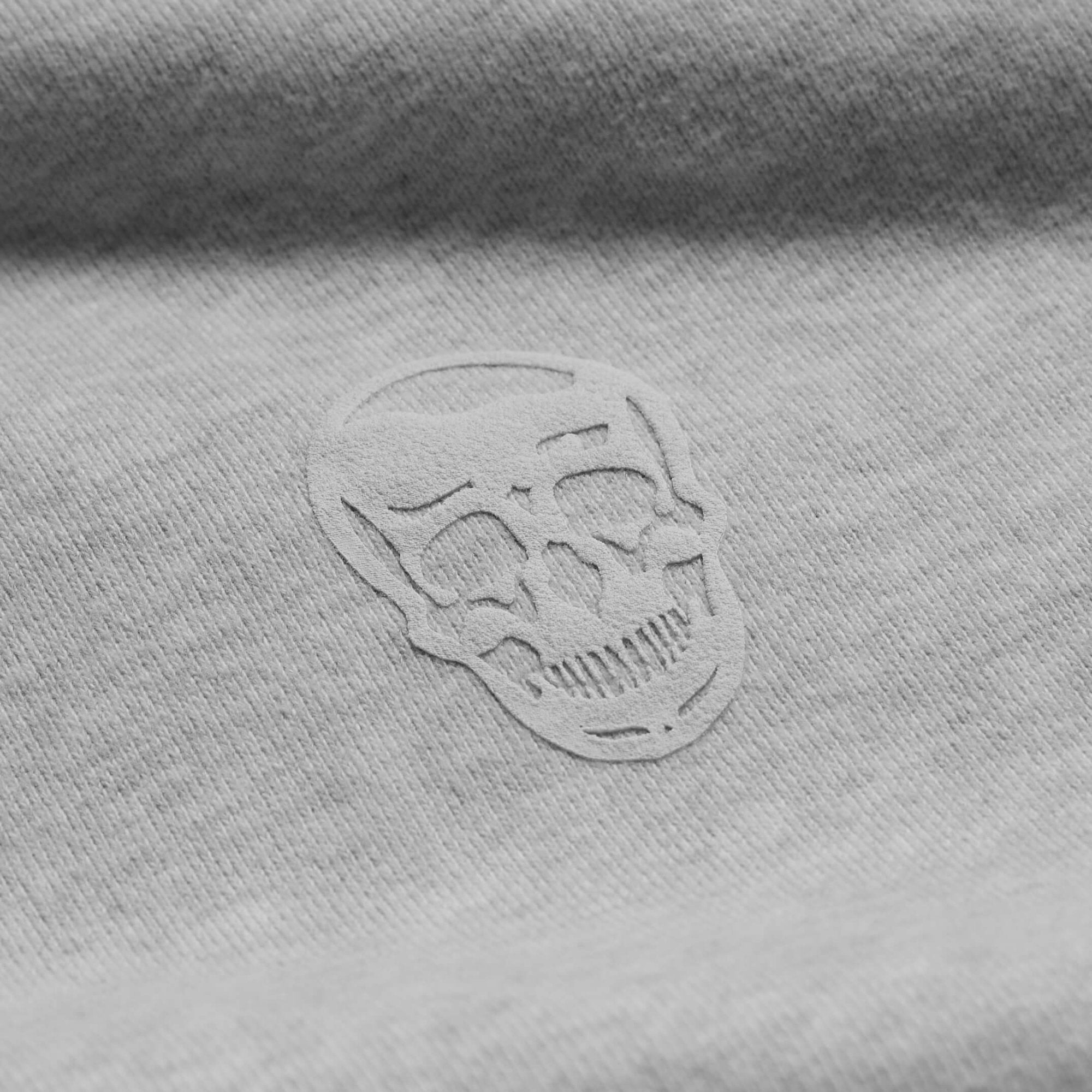 heavy weight hoodie heather gray front detail skull