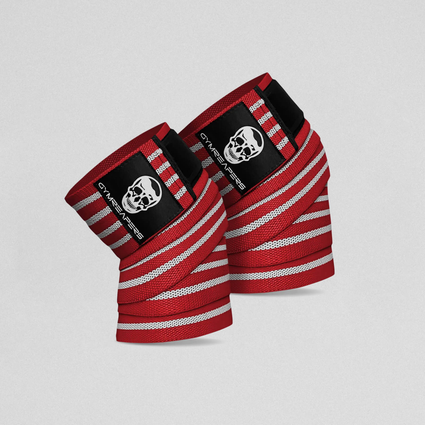 Gymreapers Knee Wraps in the red/white colorway close up shot.