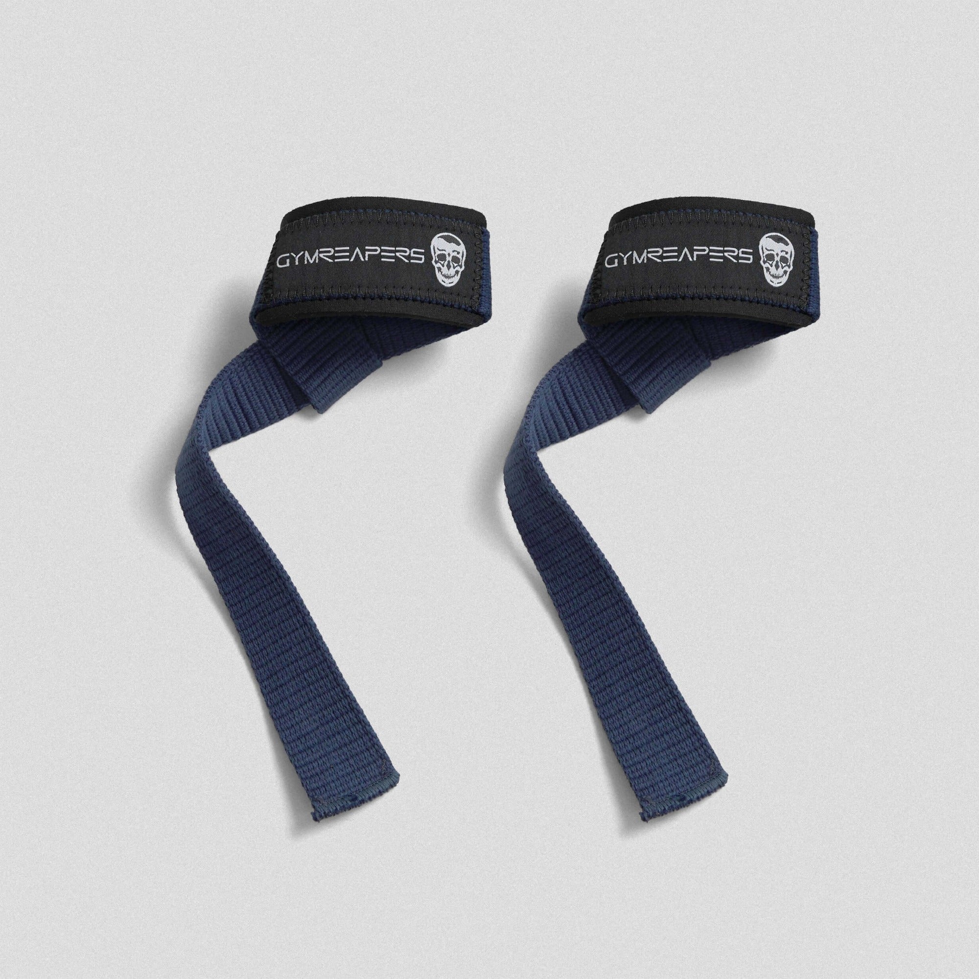 Premium padded Gymreapers lifting straps navy close up image.