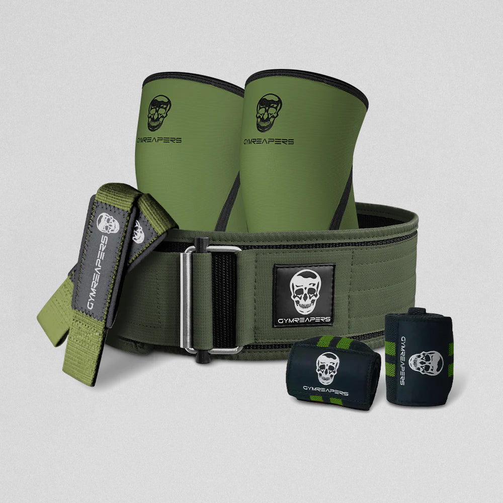 Gymreapers Training kit showcasing the quick locking belt, knee sleeves, 18" wrist wraps and lifting straps.
